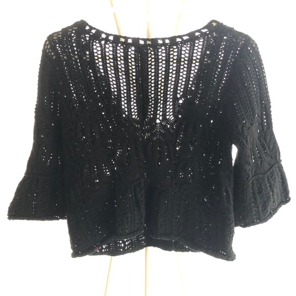 FREE PEOPLE ANTHROPOLOGIE OPEN STITCH OPEN-KNIT BLACK SWEATER SIZE M - Picture 2 of 7